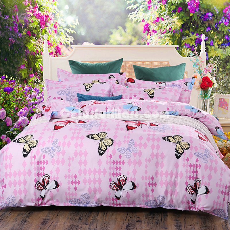 Butterflies Pink Bedding Set Duvet Cover Pillow Sham Flat Sheet Teen Kids Boys Girls Bedding - Click Image to Close