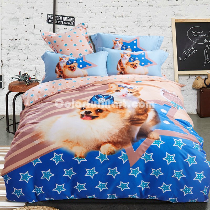 Puppy And Kitty Blue Bedding Set Modern Bedding Collection Floral Bedding Stripe And Plaid Bedding Christmas Gift Idea - Click Image to Close