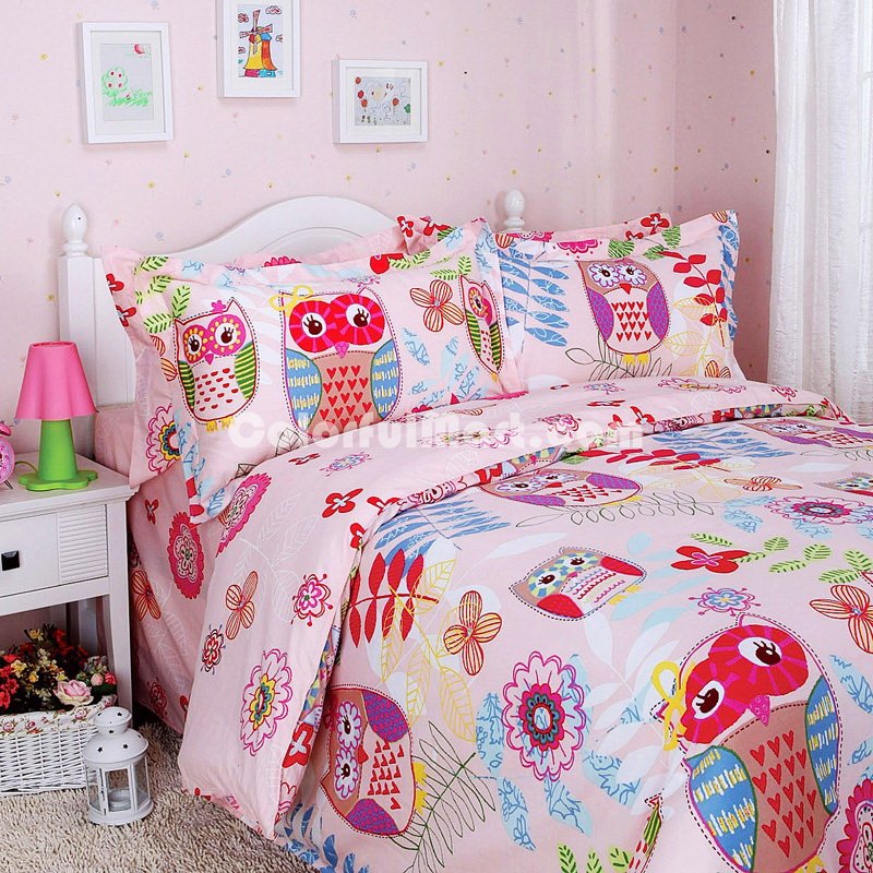 Happy Forest Pink Owl Duvet Cover Set Owl Bedding Set - Click Image to Close