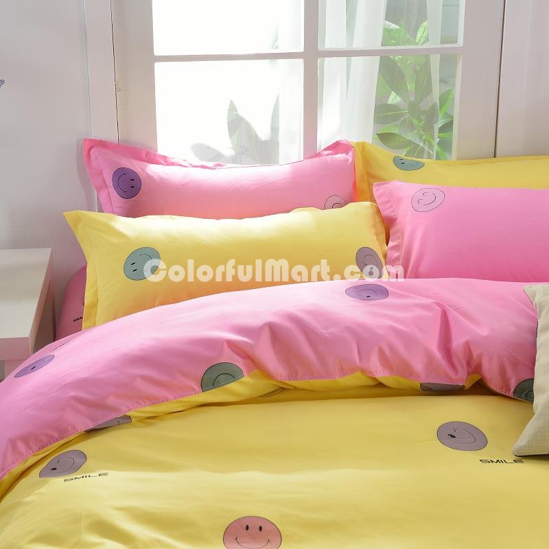 Smiling Face Yellow Bedding Set Duvet Cover Pillow Sham Flat Sheet Teen Kids Boys Girls Bedding - Click Image to Close