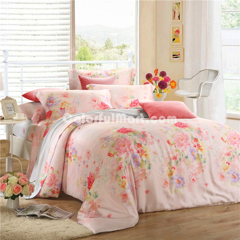 Sweet Flower Pink Bedding Set Girls Bedding Floral Bedding Duvet Cover Pillow Sham Flat Sheet Gift Idea - Click Image to Close
