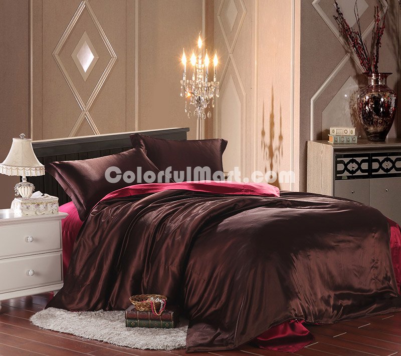 Two Tone Dark Coffee And Wine Silk Bedding Silk Duvet Cover Set - Click Image to Close