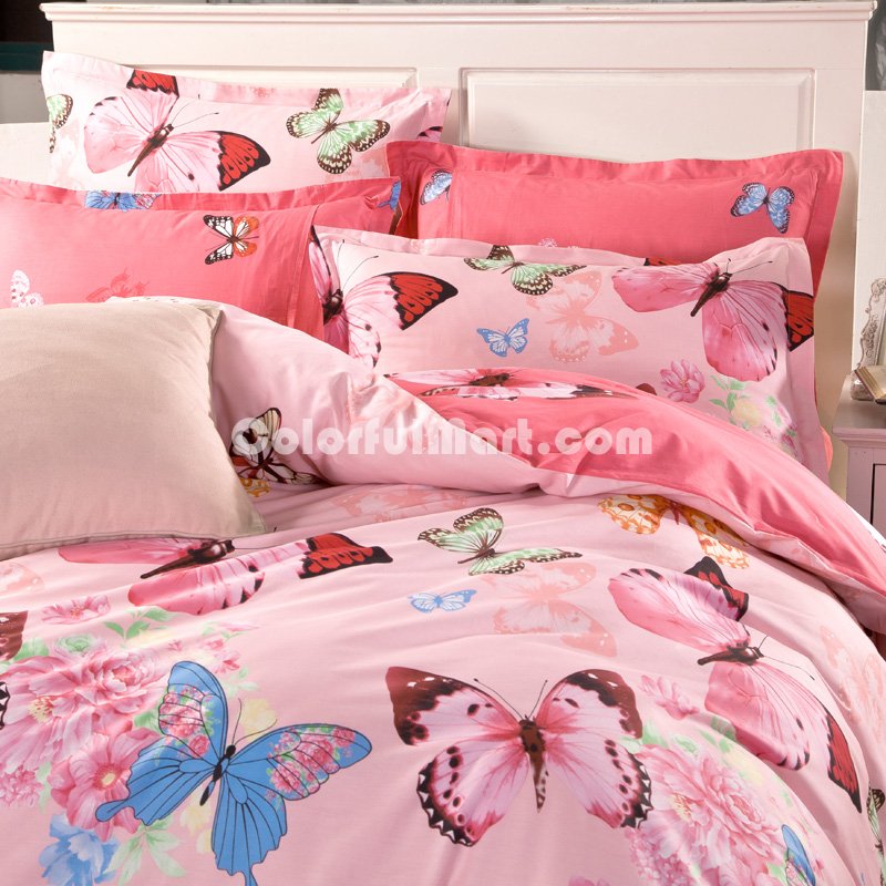 Dancing Butterfly Pink 100% Cotton Luxury Bedding Set Kids Bedding Duvet Cover Pillowcases Fitted Sheet - Click Image to Close