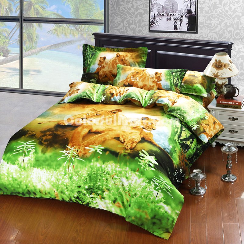 Gift Ideas Lionesses Green Bedding Sets Teen Bedding Dorm Bedding Duvet Cover Sets 3D Bedding Animal Print Bedding - Click Image to Close