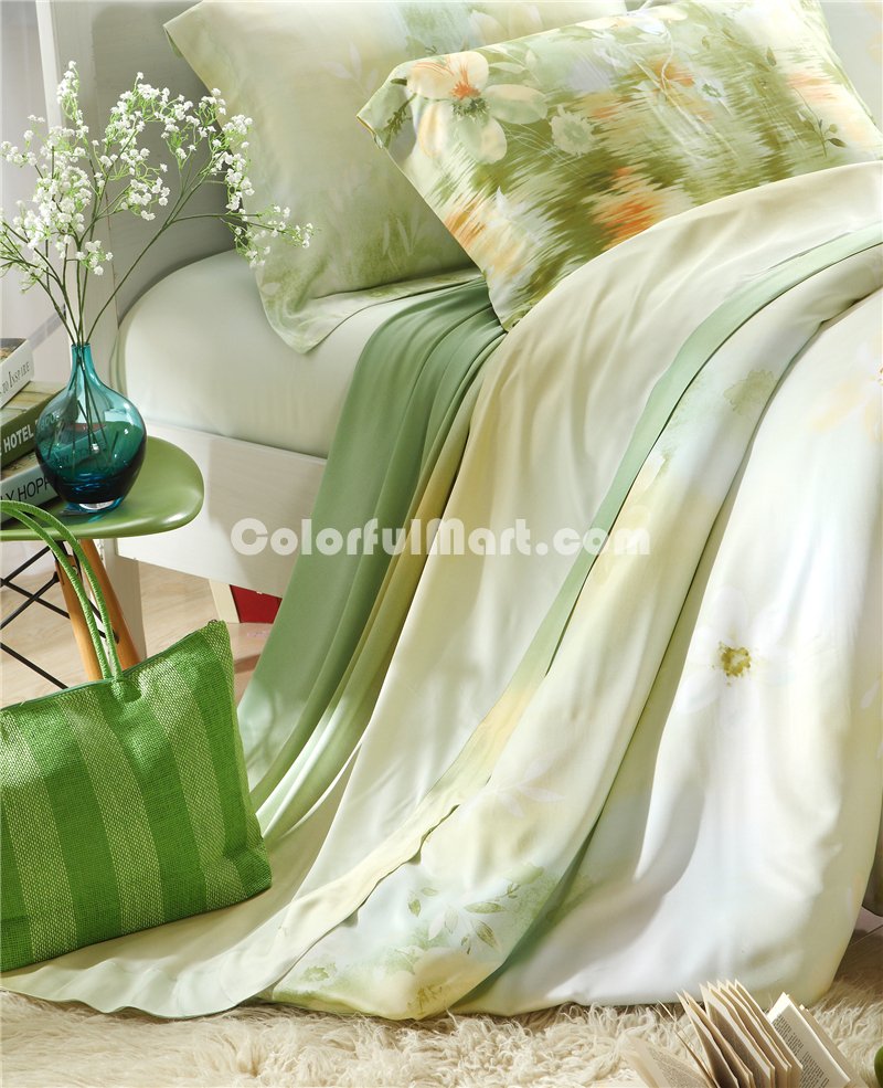 Happy Hour Green Bedding Set Girls Bedding Floral Bedding Duvet Cover Pillow Sham Flat Sheet Gift Idea - Click Image to Close