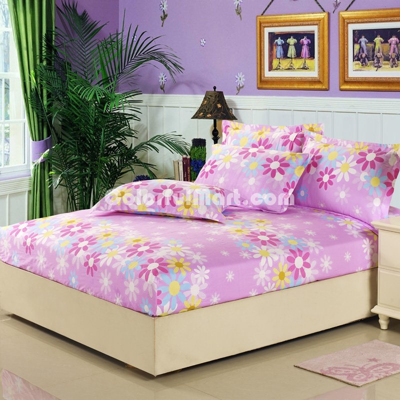 Flowers In Spring Pink 100% Cotton 4 Pieces Bedding Set Duvet Cover Pillow Shams Fitted Sheet - Click Image to Close
