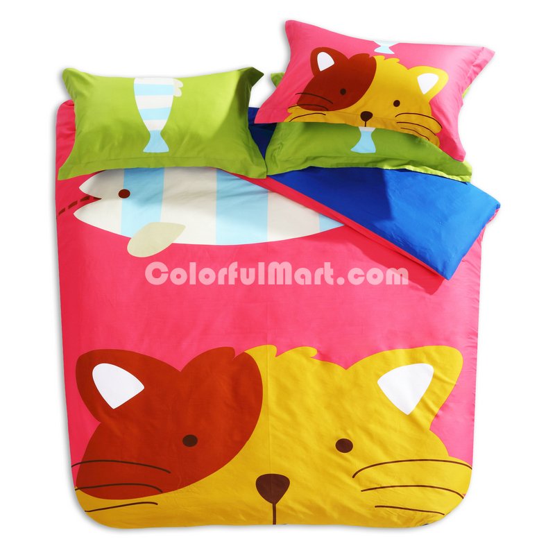 The Cute Cat Light Red Cartoon Animals Bedding Kids Bedding Teen Bedding - Click Image to Close