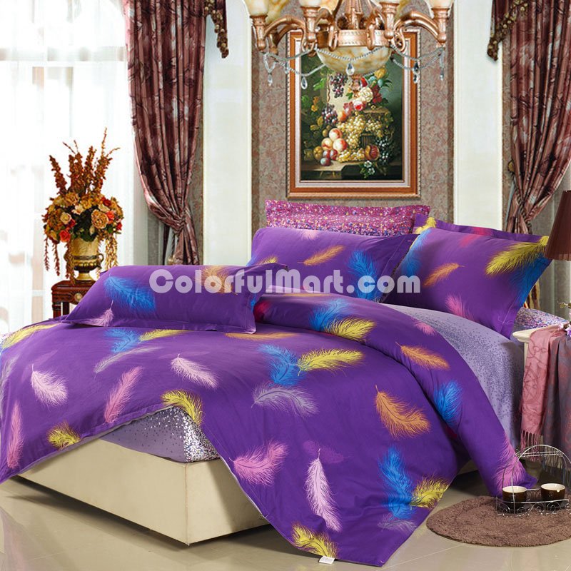Phoenix Dances Purple 100% Cotton 4 Pieces Bedding Set Duvet Cover Pillow Shams Fitted Sheet - Click Image to Close