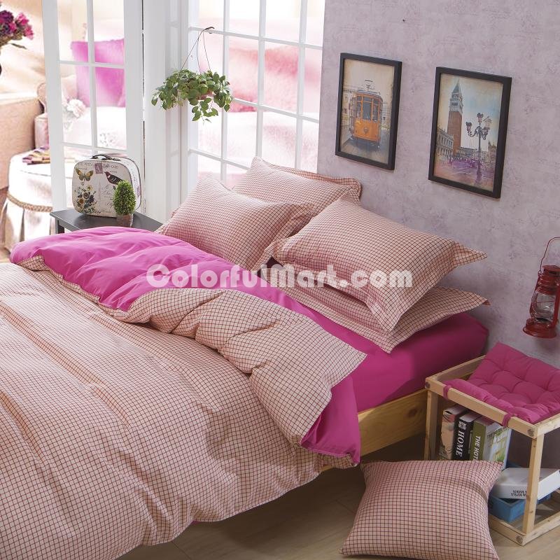 Checks Pink Bedding Set Duvet Cover Pillow Sham Flat Sheet Teen Kids Boys Girls Bedding - Click Image to Close