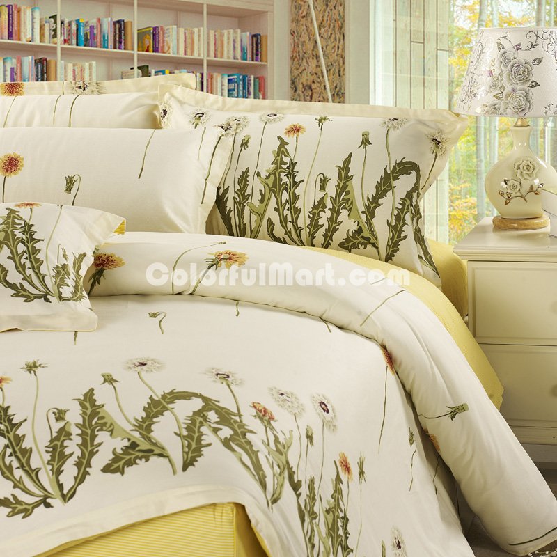 Dandelions Beige 100% Cotton 4 Pieces Bedding Set Duvet Cover Pillow Shams Fitted Sheet - Click Image to Close