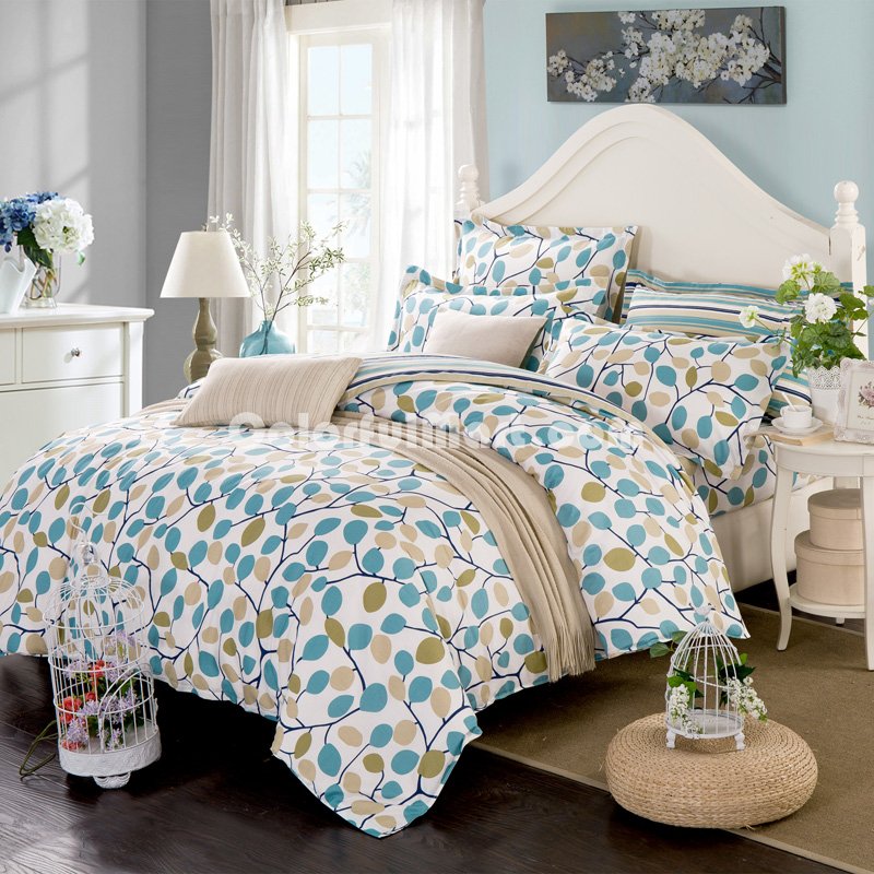 Leaves Blue 100% Cotton 4 Pieces Bedding Set Duvet Cover Pillow Shams Fitted Sheet - Click Image to Close