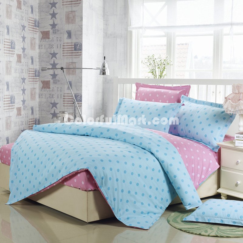 Polka Dot Blue 100% Cotton 4 Pieces Bedding Set Duvet Cover Pillow Shams Fitted Sheet - Click Image to Close