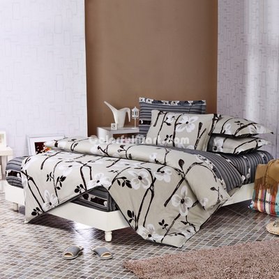 Plum Blossom Coffee 100% Cotton 4 Pieces Bedding Set Duvet Cover Pillow Shams Fitted Sheet