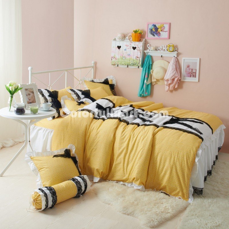 Black Temptation Polka Dots Yellow Princess Bedding Girls Bedding Duvet Cover Set - Click Image to Close