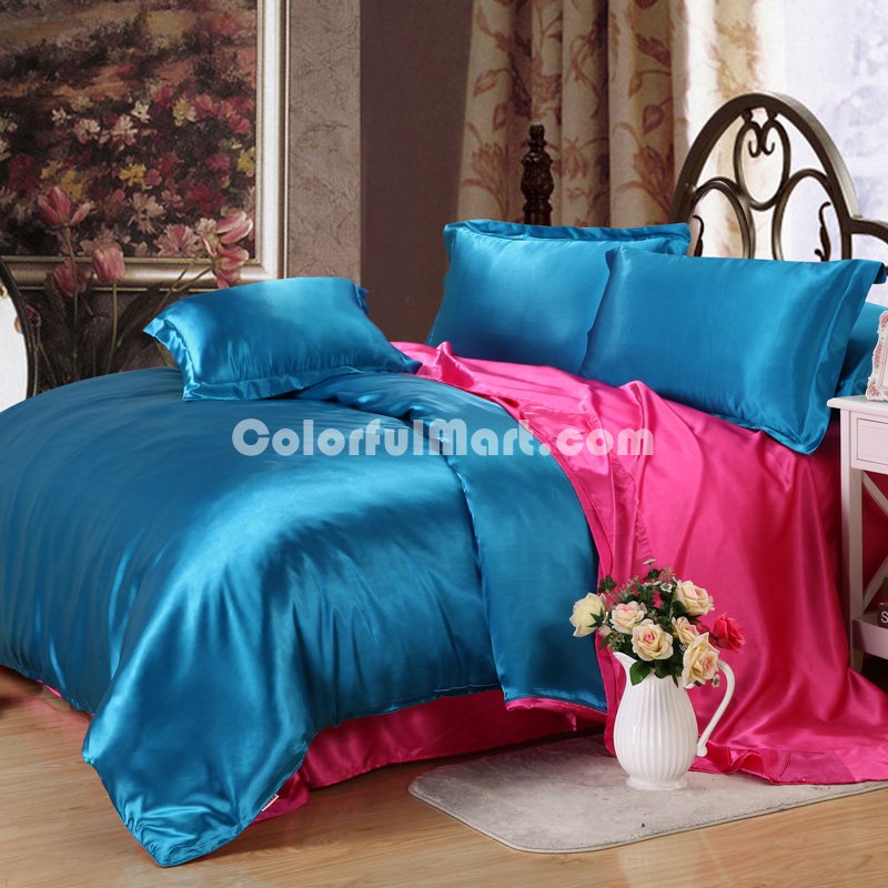 Lake Blue And Rose Silk Bedding Set Duvet Cover Silk Pillowcase Silk Sheet Luxury Bedding - Click Image to Close
