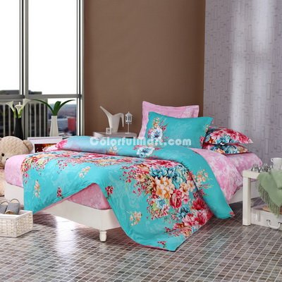 Beautiful Flowers Blue 100% Cotton 4 Pieces Bedding Set Duvet Cover Pillow Shams Fitted Sheet