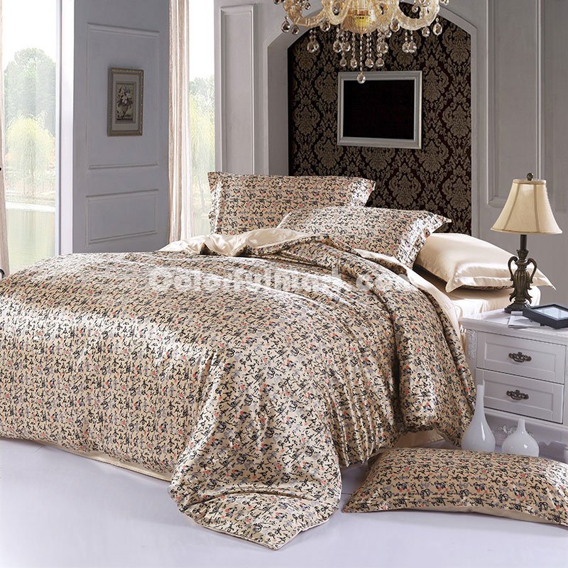 Chinese Calligraphy Beige Silk Duvet Cover Set Silk Bedding - Click Image to Close