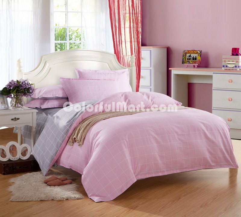 Modern Grids Pink And Gray Teen Bedding Duvet Cover Set - Click Image to Close