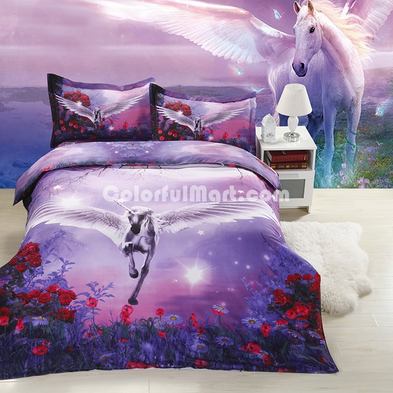Unicorn Purple Bedding 3D Duvet Cover Set - Click Image to Close
