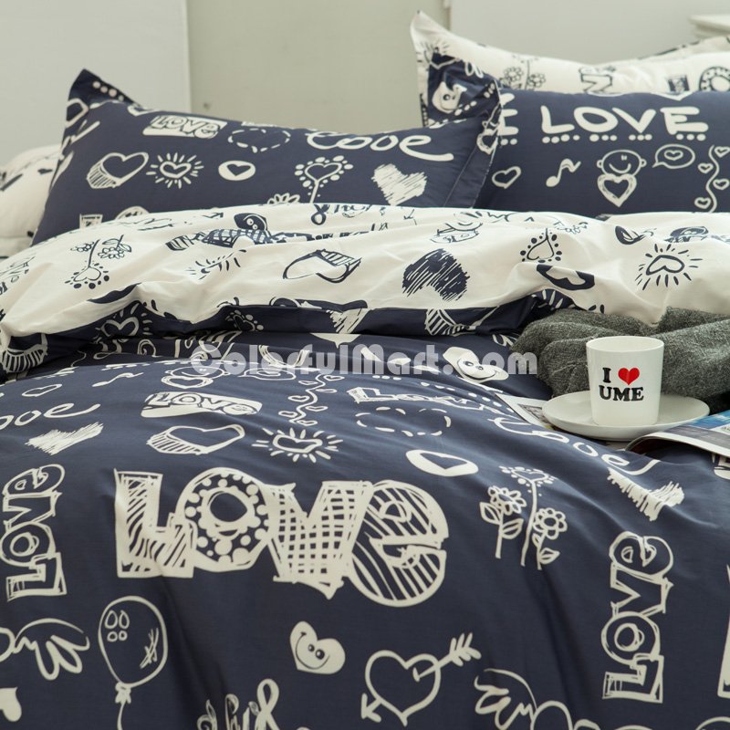 Love Blue 100% Cotton Luxury Bedding Set Kids Bedding Duvet Cover Pillowcases Fitted Sheet - Click Image to Close