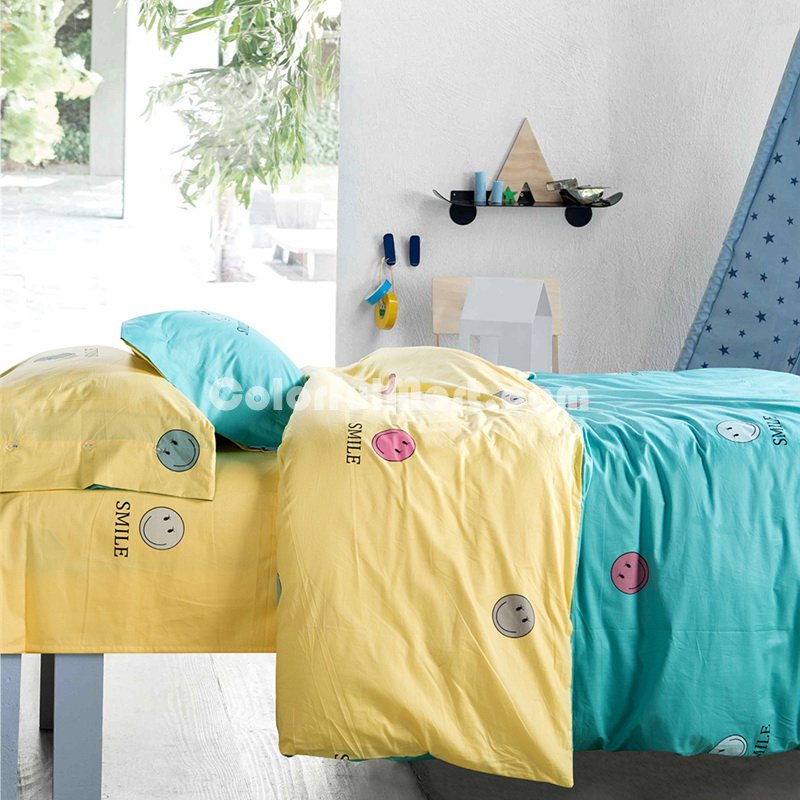 Smiling Face Blue Bedding Set Teen Bedding Kids Bedding Duvet Cover Pillow Sham Flat Sheet Gift Idea - Click Image to Close