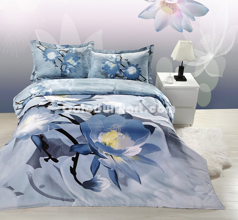 Magnolia Flower Blue Grey Bedding 3D Duvet Cover Set - Click Image to Close