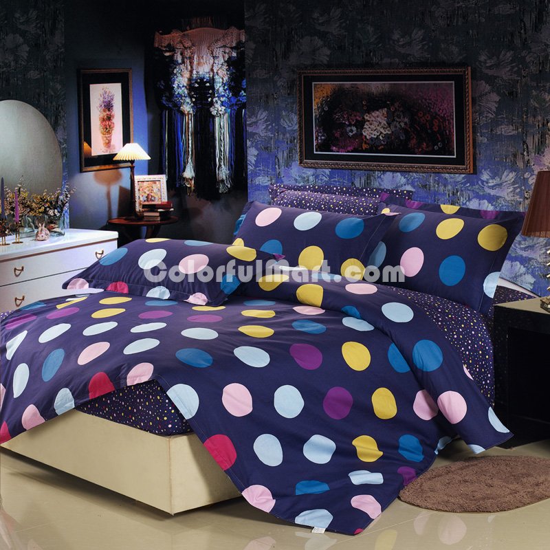 Polka Dots Blue 100% Cotton 4 Pieces Bedding Set Duvet Cover Pillow Shams Fitted Sheet - Click Image to Close