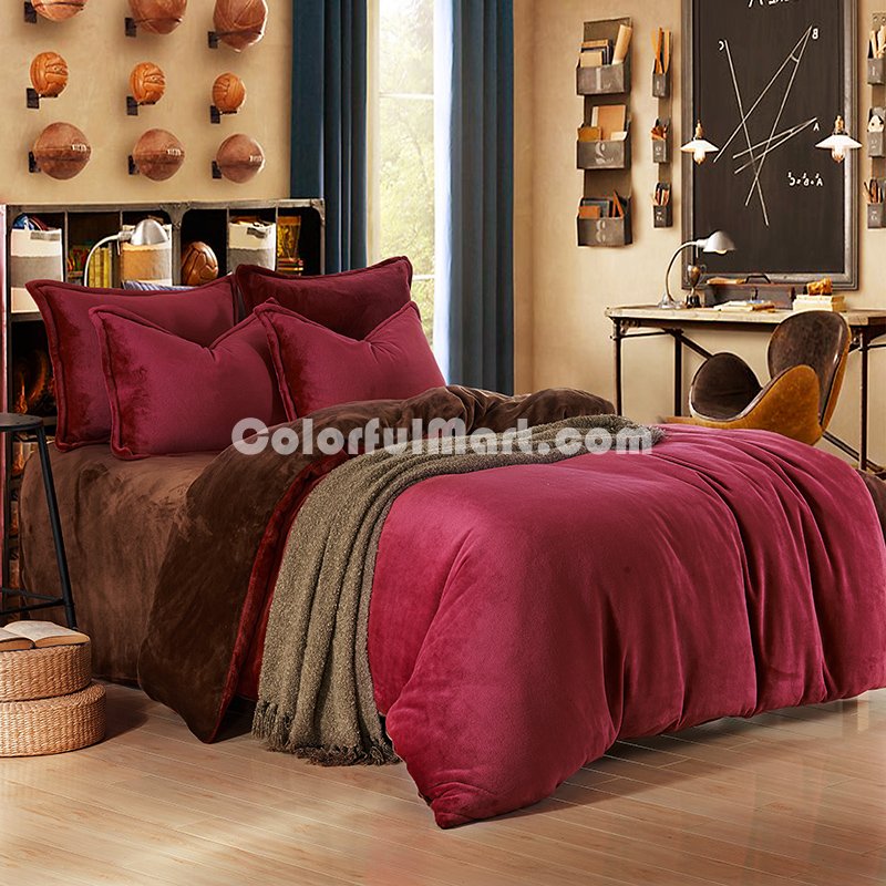 Wine Red And Coffee Flannel Bedding Winter Bedding - Click Image to Close