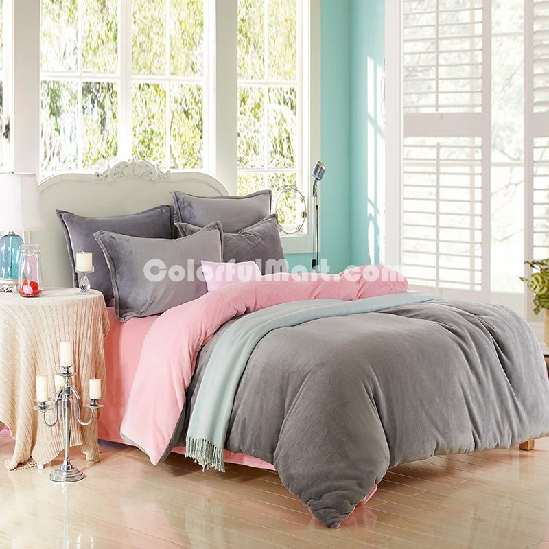 Silver Gray And Pink Flannel Bedding Winter Bedding - Click Image to Close