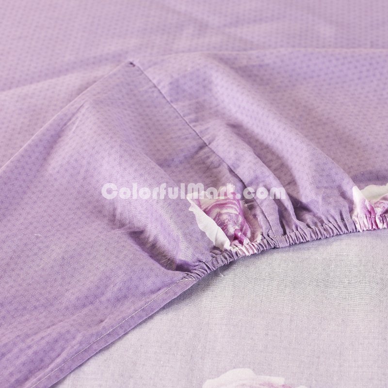 Loving Flowers Purple 100% Cotton 4 Pieces Bedding Set Duvet Cover Pillow Shams Fitted Sheet - Click Image to Close