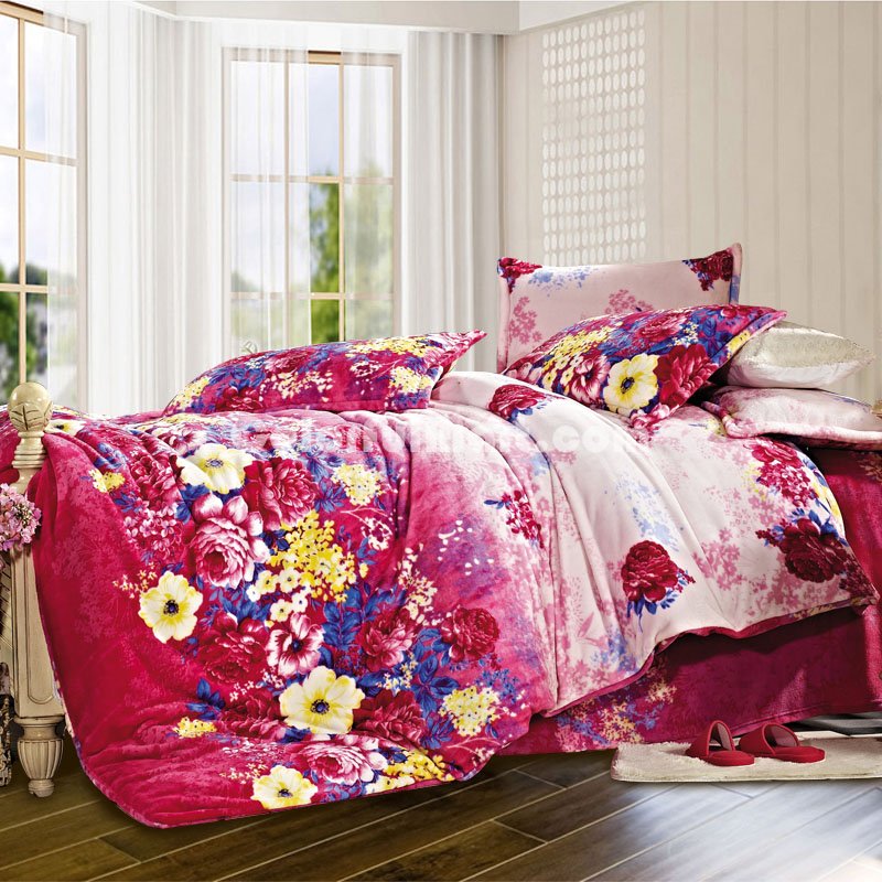 Spring Flowers Winter Duvet Cover Set Flannel Bedding - Click Image to Close