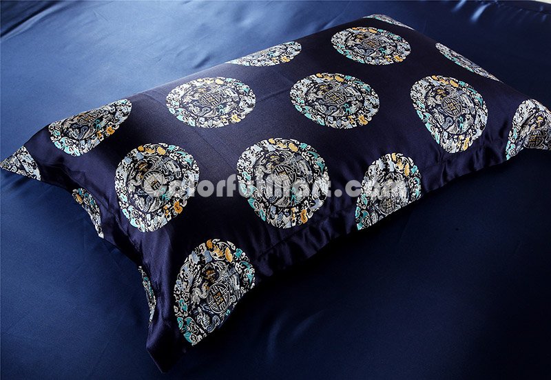 The Dragon And The Phoenix Navy Blue Silk Duvet Cover Set Silk Bedding - Click Image to Close