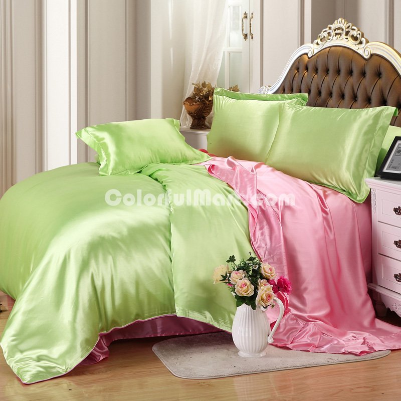 Light Green And Pink Silk Bedding Set Duvet Cover Silk Pillowcase Silk Sheet Luxury Bedding - Click Image to Close