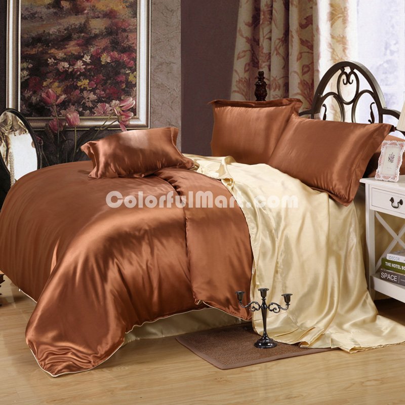 Coffee And Camel Silk Bedding Set Duvet Cover Silk Pillowcase Silk Sheet Luxury Bedding - Click Image to Close