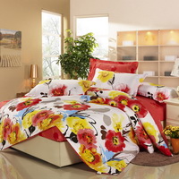 Bright And Colorful Flowers Orange 100% Cotton 4 Pieces Bedding Set Duvet Cover Pillow Shams Fitted Sheet