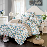 Leaves Blue 100% Cotton 4 Pieces Bedding Set Duvet Cover Pillow Shams Fitted Sheet