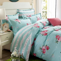 Peony Blue 100% Cotton 4 Pieces Bedding Set Duvet Cover Pillow Shams Fitted Sheet