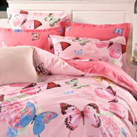 Dancing Butterfly Pink 100% Cotton Luxury Bedding Set Kids Bedding Duvet Cover Pillowcases Fitted Sheet